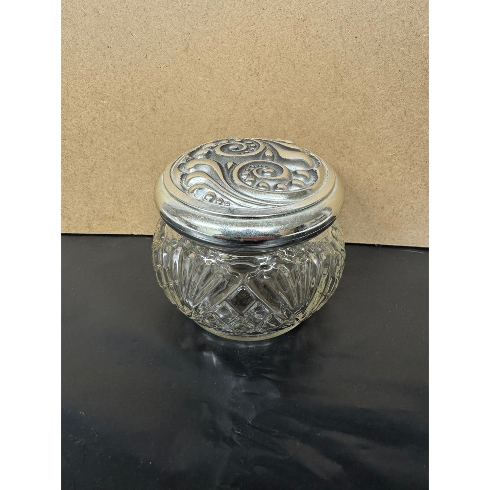 Vintage Avon Pressed Glass Vanity Jar Silver Tone Ornate Lid Trinket Powder